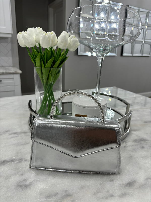 Silver Faux Leather Metal Handle Clutch - Shopblossomco