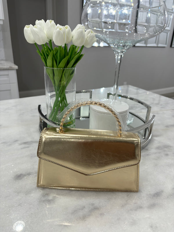 Gold Faux Leather Metal Handle Clutch - Shopblossomco